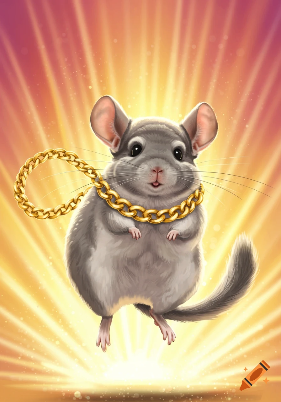 A cute animated chinchilla wearing a large gold chain, floating against a bright, glowing background.