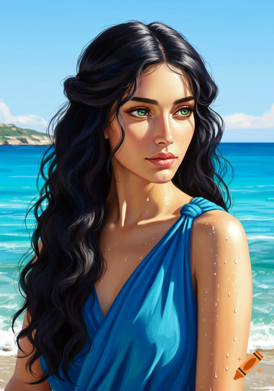 A beautiful Greek woman with long black curly hair and green eyes, wearing a blue chiton, stands on a sunny beach with the ocean behind her.