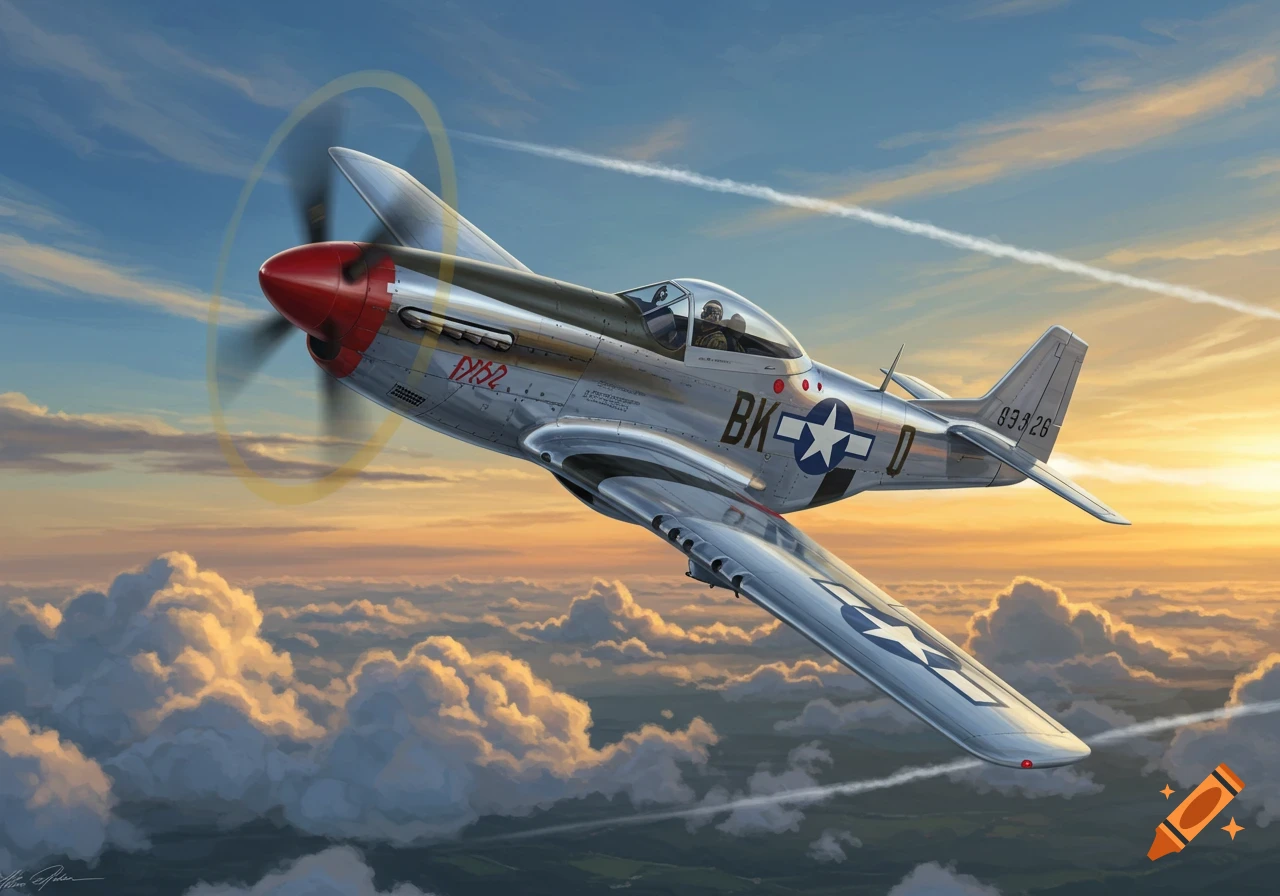 A silver P-51 Mustang airplane with a red nose and US markings flies through a cloudy sky during sunset in a detailed illustration.