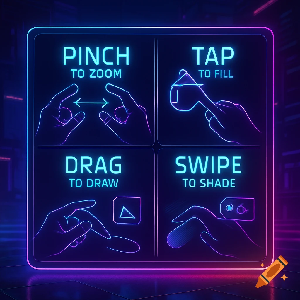A glowing neon sign displays four gesture mapping instructions: "Pinch to Zoom", "Tap to Fill", "Drag to Draw", and "Swipe to Shade".