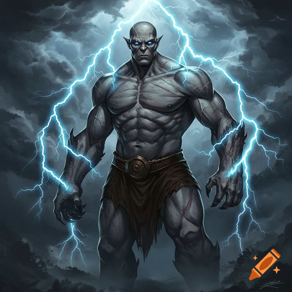 A powerful, muscular, grey-skinned fantasy creature with glowing blue eyes and lightning against a stormy sky.