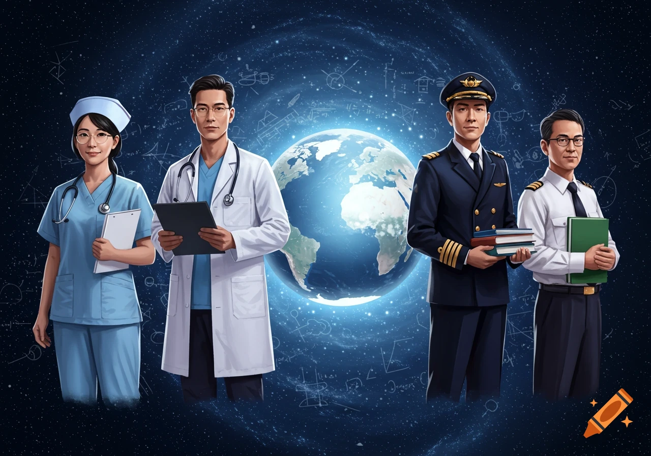 Illustration of a nurse, doctor, pilot, and another professional standing before a glowing Earth and starry scientific background.