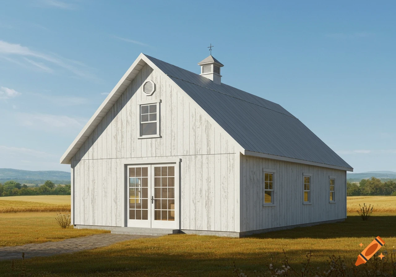 Photorealistic white wooden barn with double French doors and a cupola, standing in a golden field under a blue sky.
