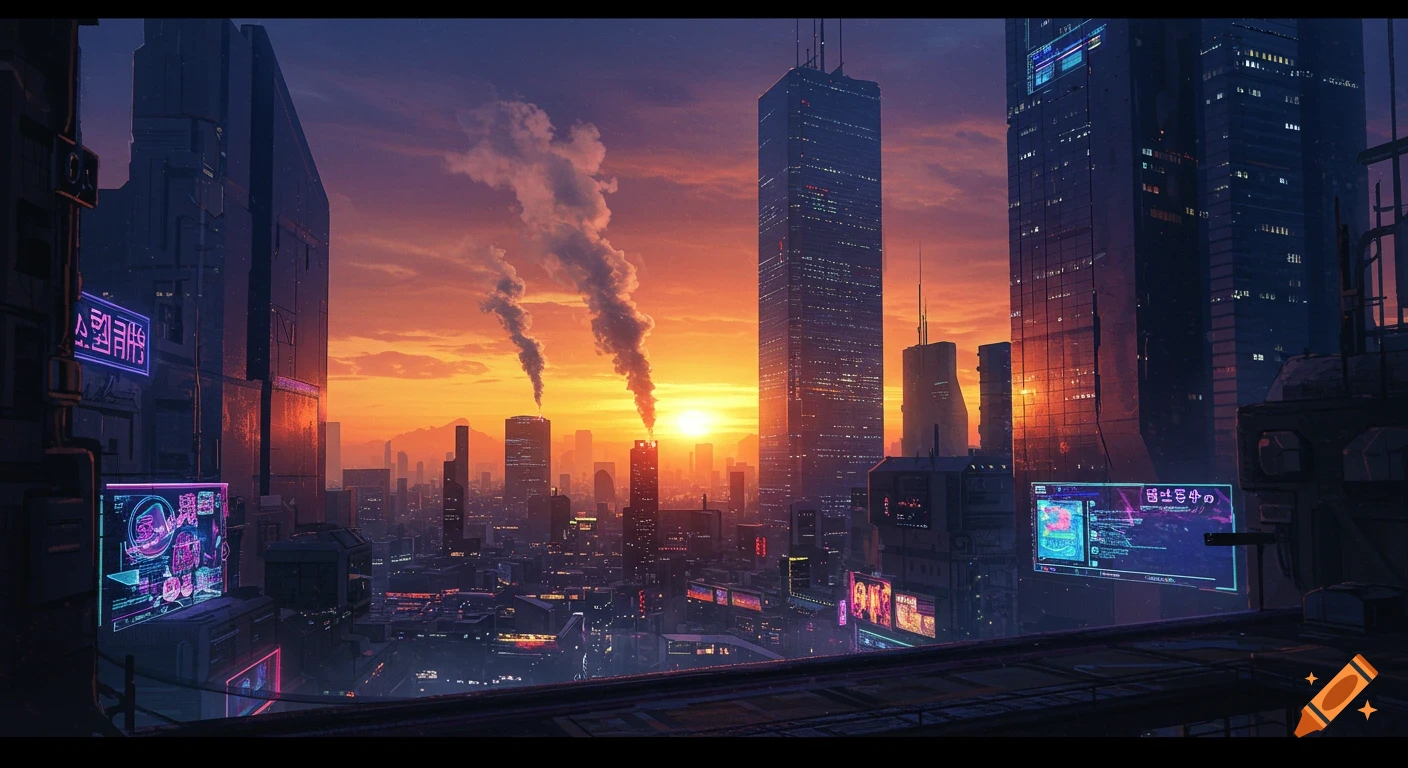 A futuristic cyberpunk city skyline at sunset, with tall buildings, neon signs, and smoke rising against an orange and purple sky.