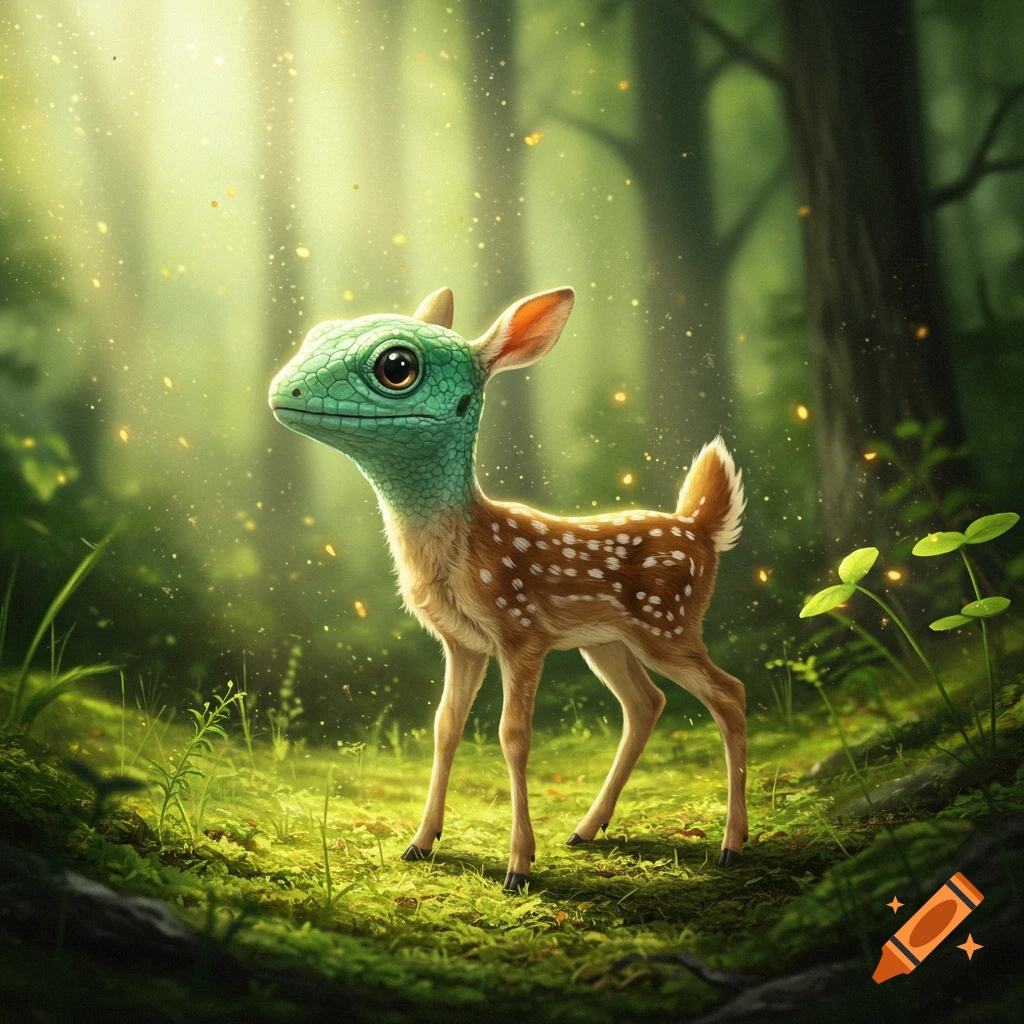 A cute, photorealistic baby lizard-deer hybrid stands in a sun-dappled, enchanted forest.