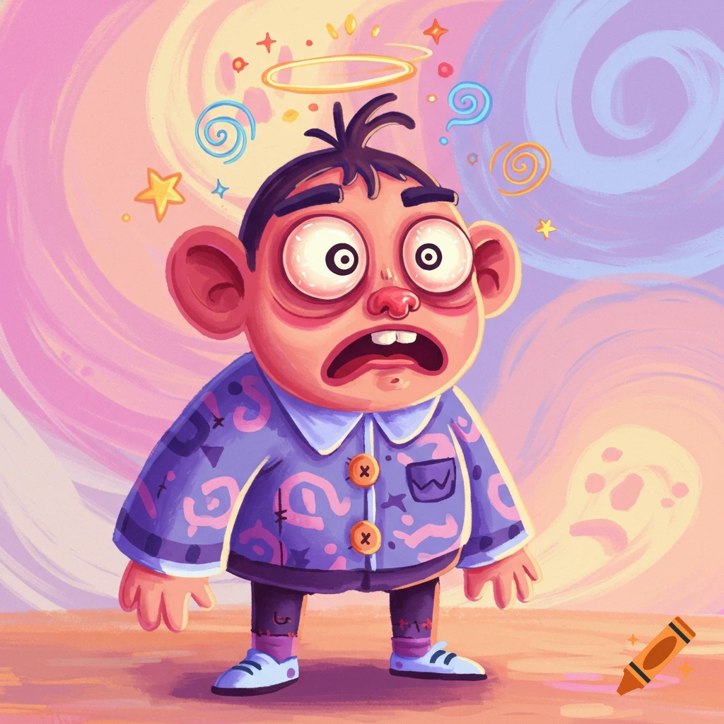 A bewildered cartoon character with wide eyes and a small halo, surrounded by colorful swirls and a faint ghost, against a pink and purple background.