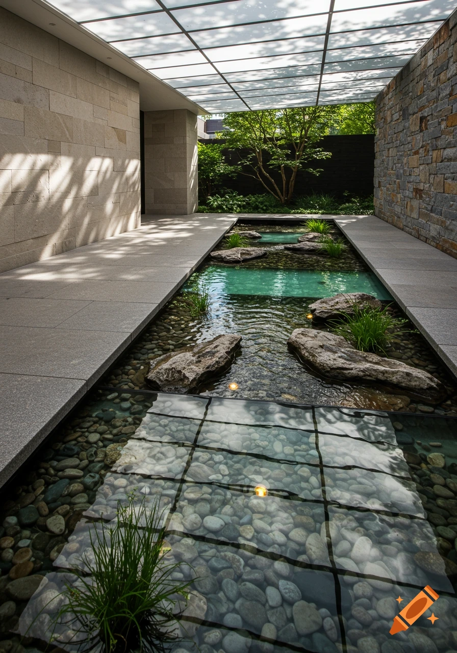 Modern patio with a long water feature, rocks, and plants under a glass ceiling, flanked by stone walls.