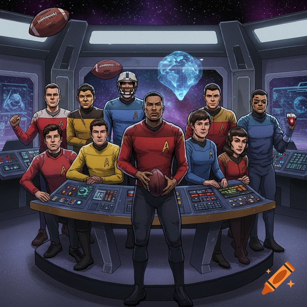 An illustration of Star Trek characters on a bridge, some holding American footballs, combining sci-fi and sports themes.