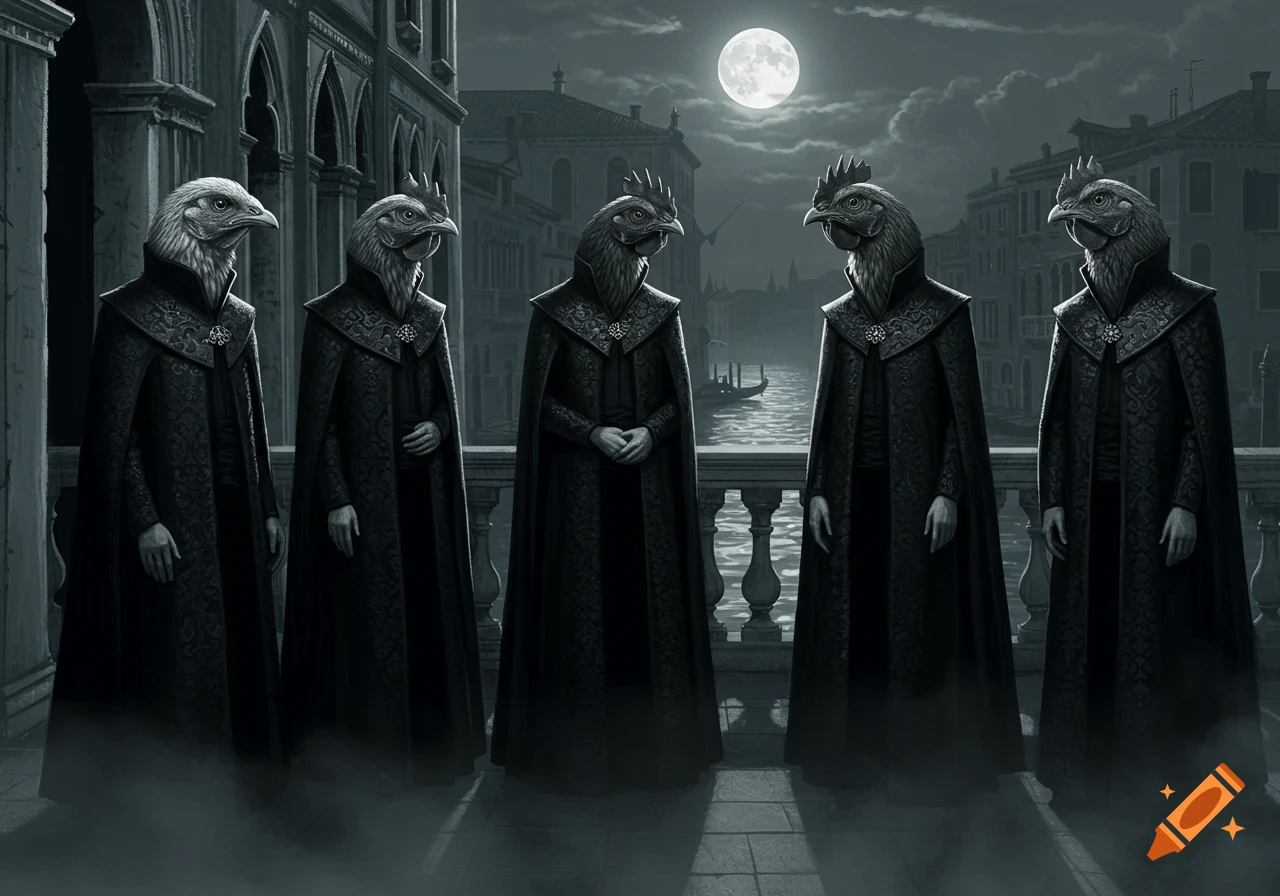 Five figures with chicken heads in black cloaks stand on a balcony overlooking a moonlit Venetian canal.