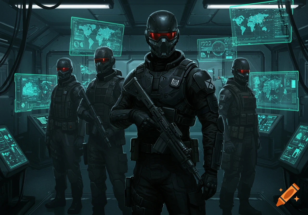 Four armored soldiers with red visors stand in a dark, futuristic control room with glowing blue holographic screens displaying maps and data.