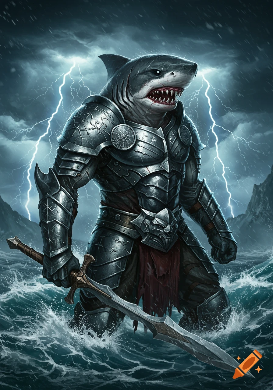 Armored shark warrior holding a sword, standing in stormy seas with lightning in the background, dark fantasy art style.
