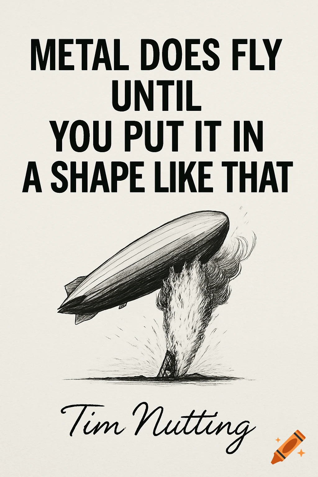 A black and white illustration poster with a quote 'METAL DOES FLY UNTIL YOU PUT IT IN A SHAPE LIKE THAT' above a crashing zeppelin and 'Tim Nutting' signature.