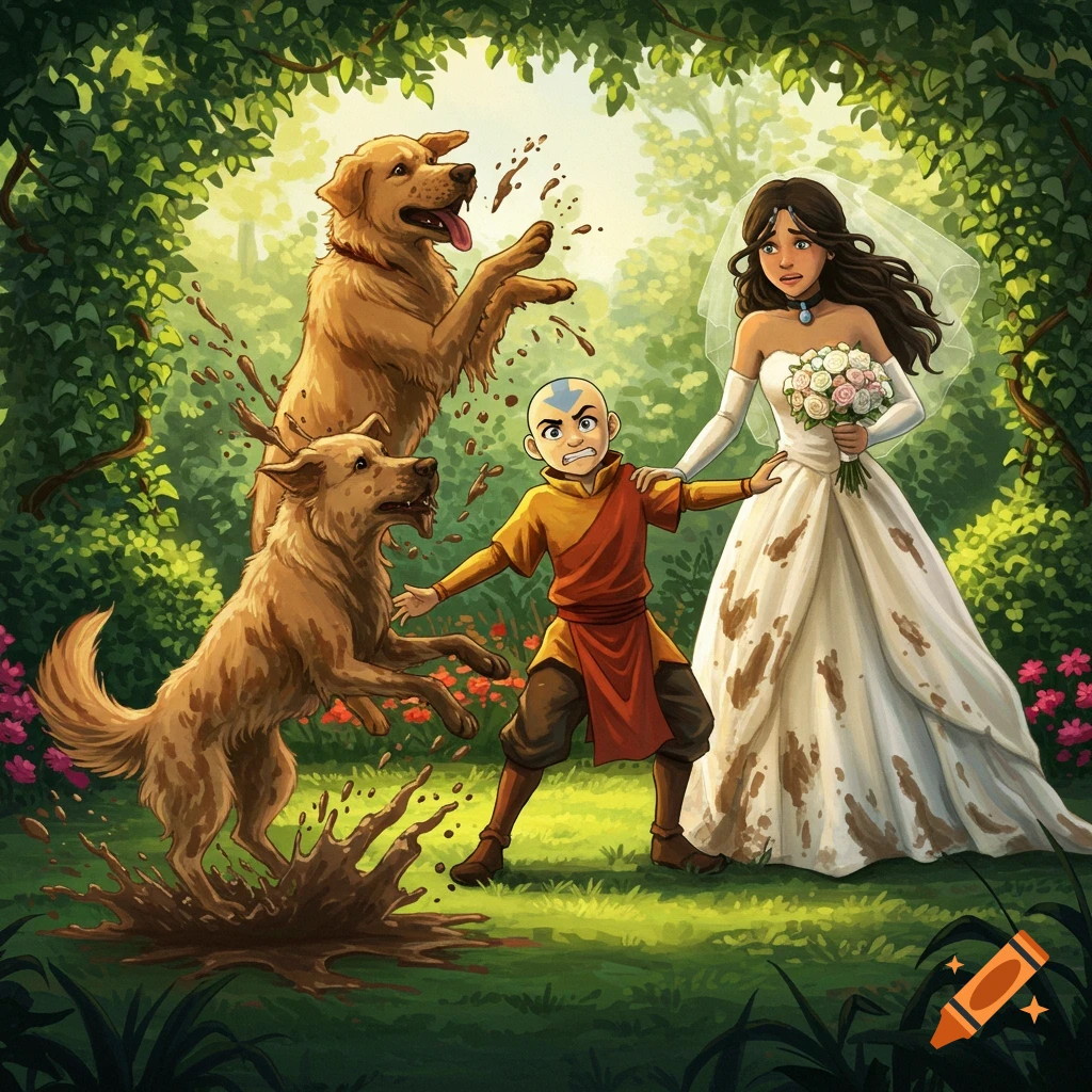 Illustrated image of Aang looking furious while two dogs splash mud on Katara's ruined wedding dress in a sunny forest.