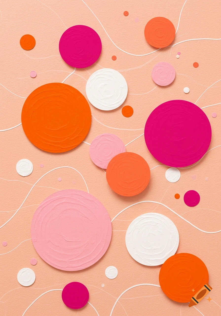 Abstract painting with floating orange, pink, white, and magenta circles and white wavy lines on a peach background.