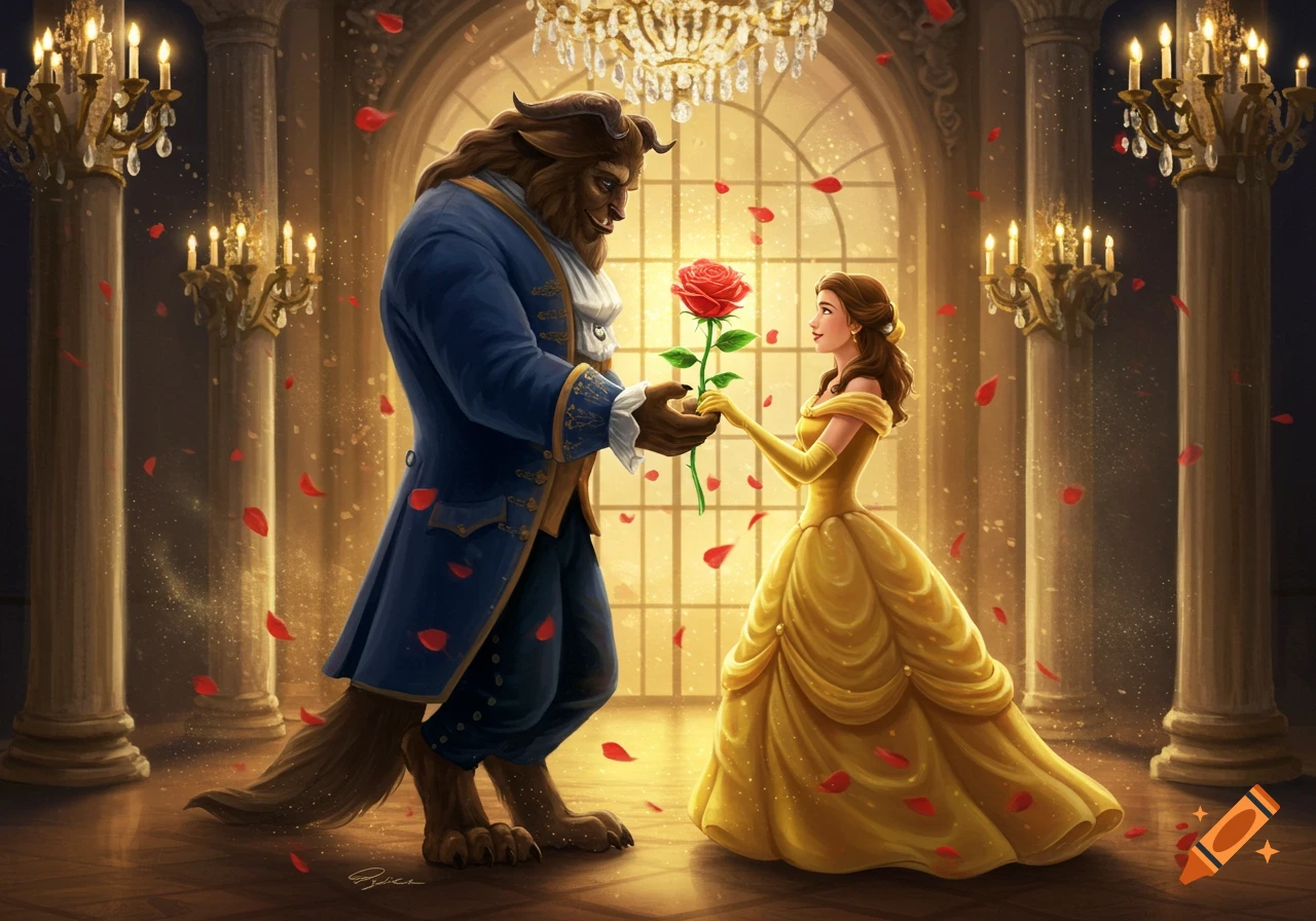 The Beast offers a red rose to Belle in a grand ballroom with rose petals falling, an illustrated fairytale scene.