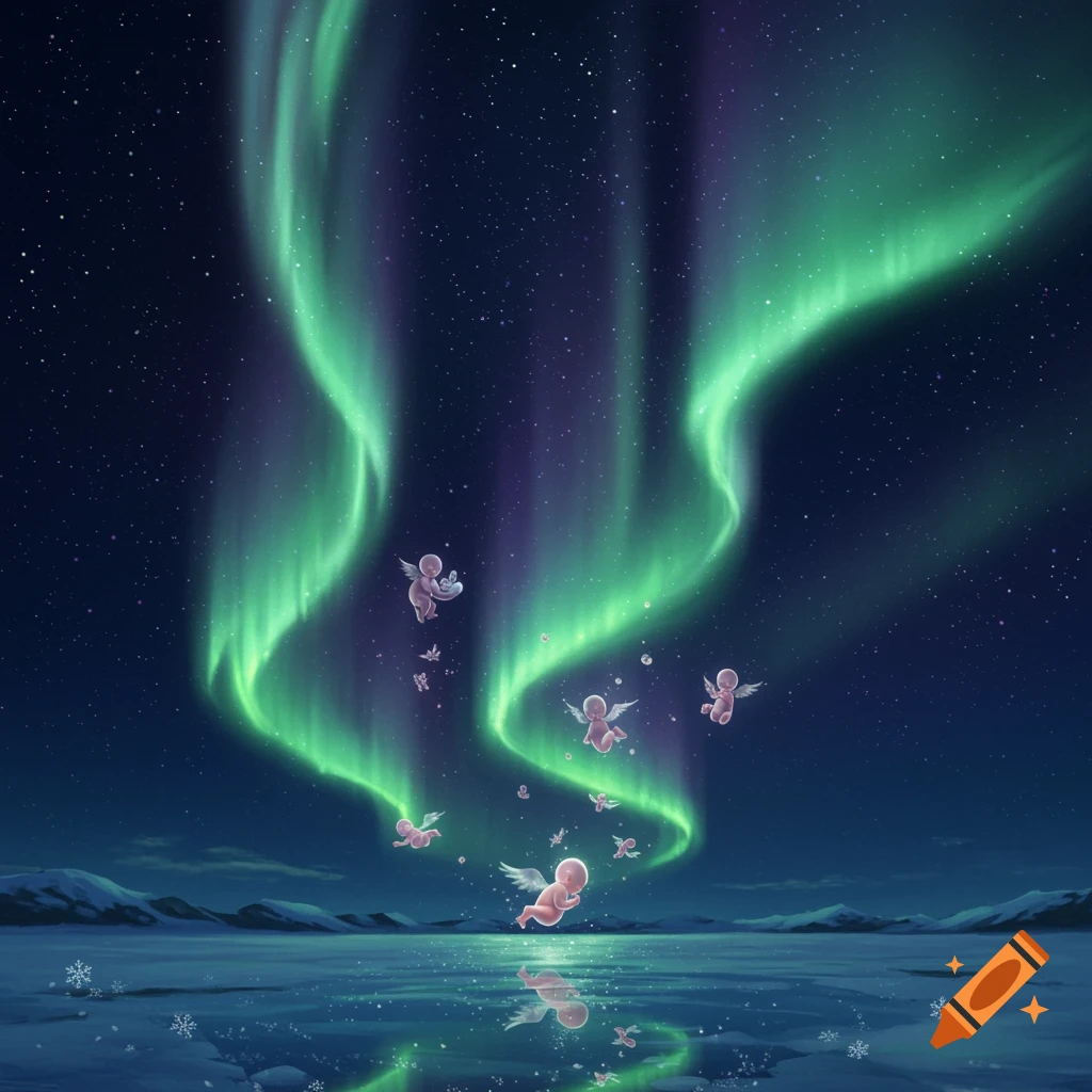 Whimsical illustration of the green and purple Aurora Borealis over a frozen lake, with small winged babies floating in the night sky.