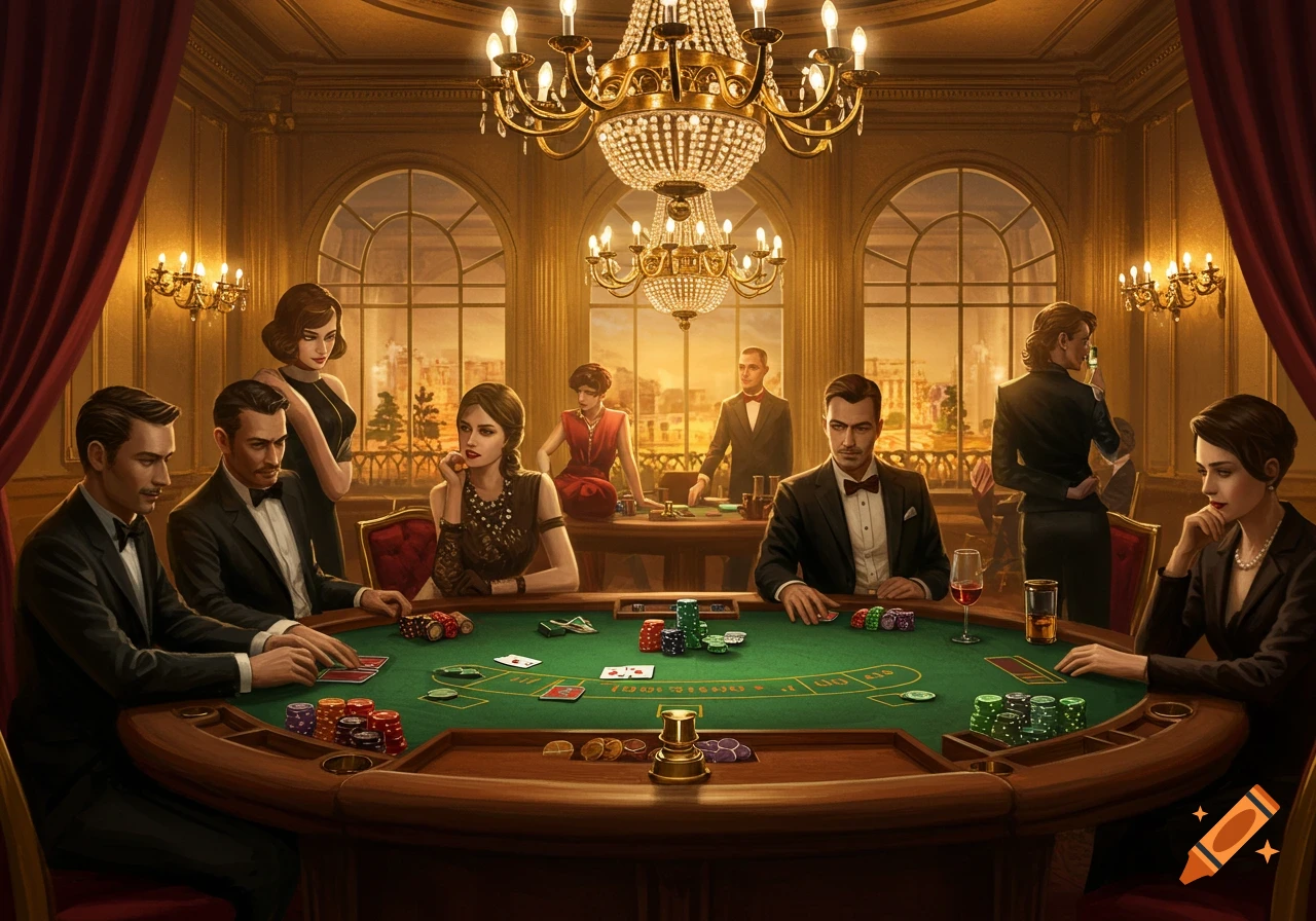 An elaborate, well-dressed group of men and women play cards at a baccarat table in a luxurious, chandelier-lit casino room.