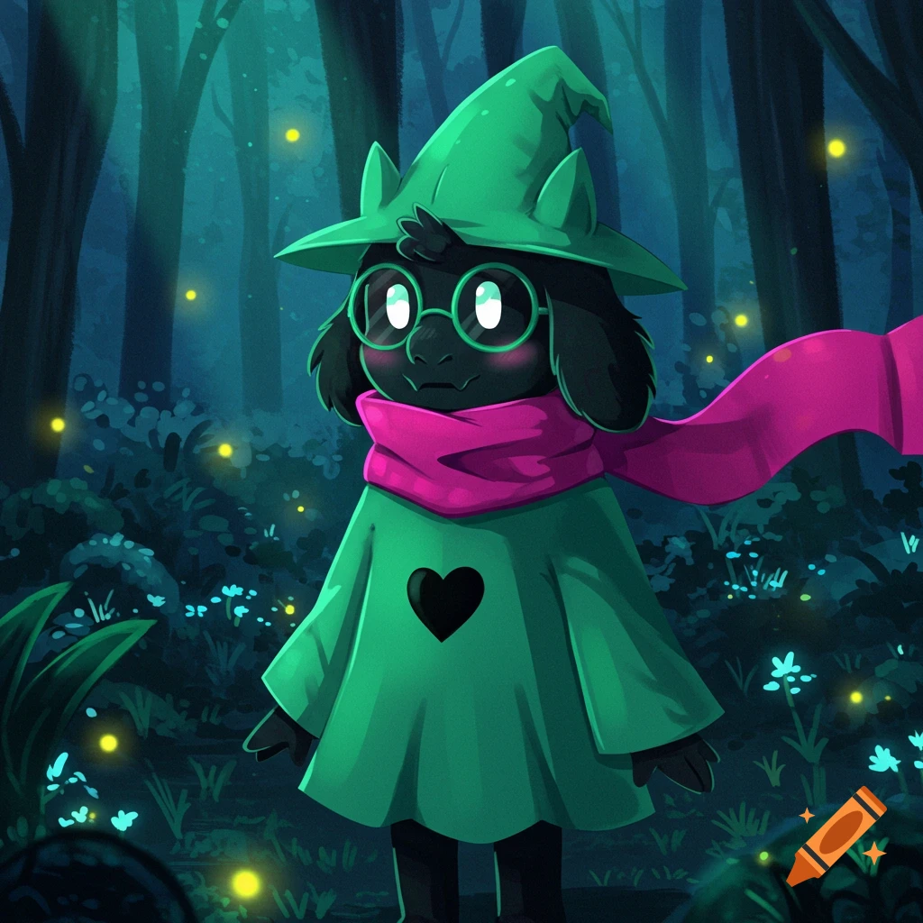 Ralsei, a dark-furred creature in a green hat and pink scarf, stands in a glowing dark forest with fireflies and blue flowers.
