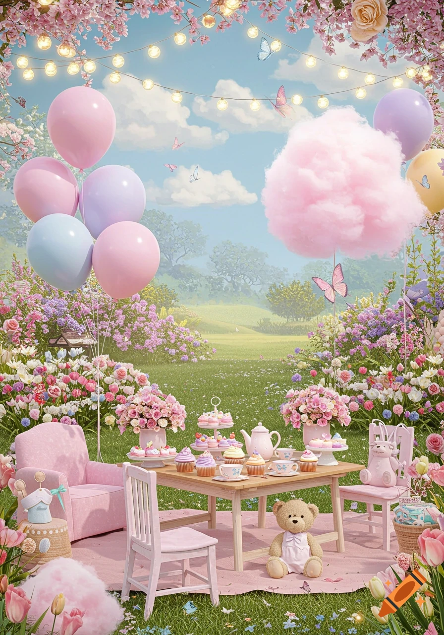 A whimsical, pastel-colored outdoor tea party in a lush flower garden with balloons, cupcakes, a teddy bear, and string lights.