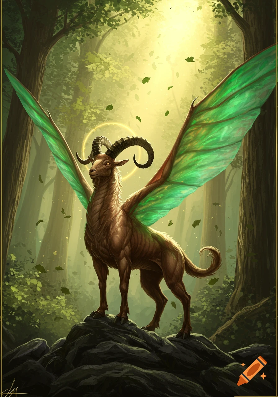 A majestic winged goat-like fantasy creature with green wings and horns stands on rocks in a sunlit forest.