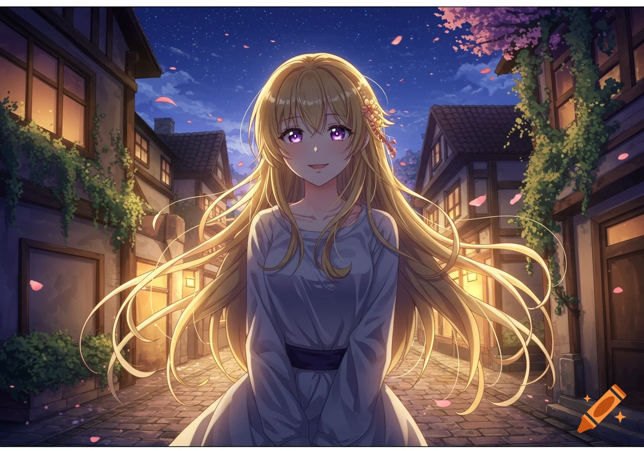 An anime girl with long golden hair and purple eyes smiles in a lantern-lit street at night with pink petals falling.