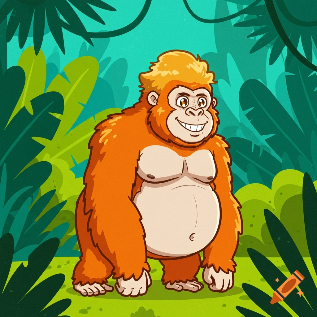 A cartoon orange gorilla with golden hair stands smiling in a jungle.
