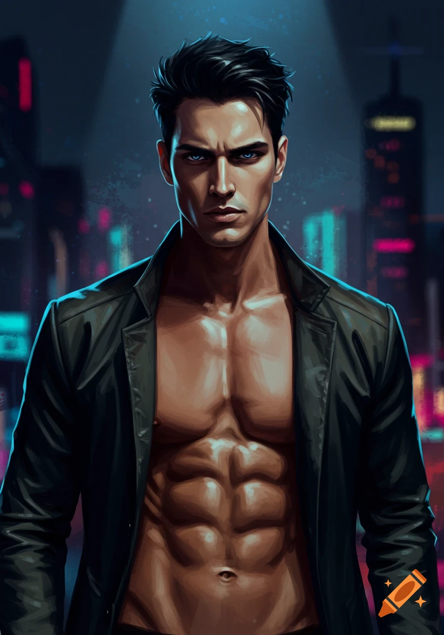 A stylized portrait of a muscular man with black hair and striking blue eyes, wearing an open black jacket against a blurred neon city background.