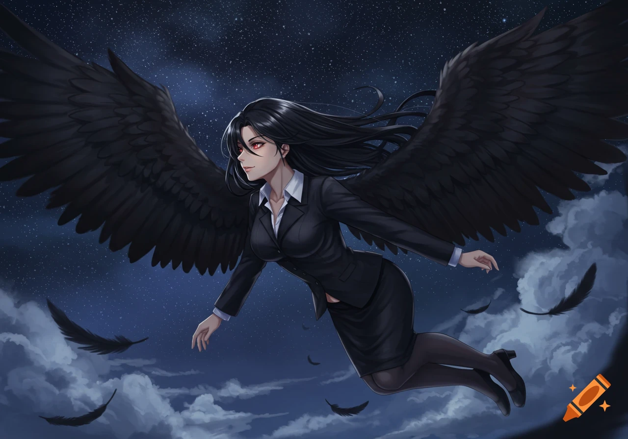 Anime woman with black wings and red eyes, wearing a suit, flying in a starry night sky with falling feathers.