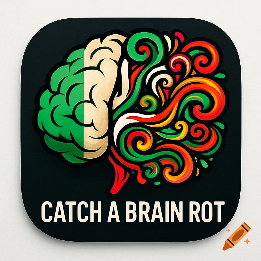 Stylized app icon with a brain, half Italian flag colors, half colorful swirls, and text 'CATCH A BRAIN ROT'.