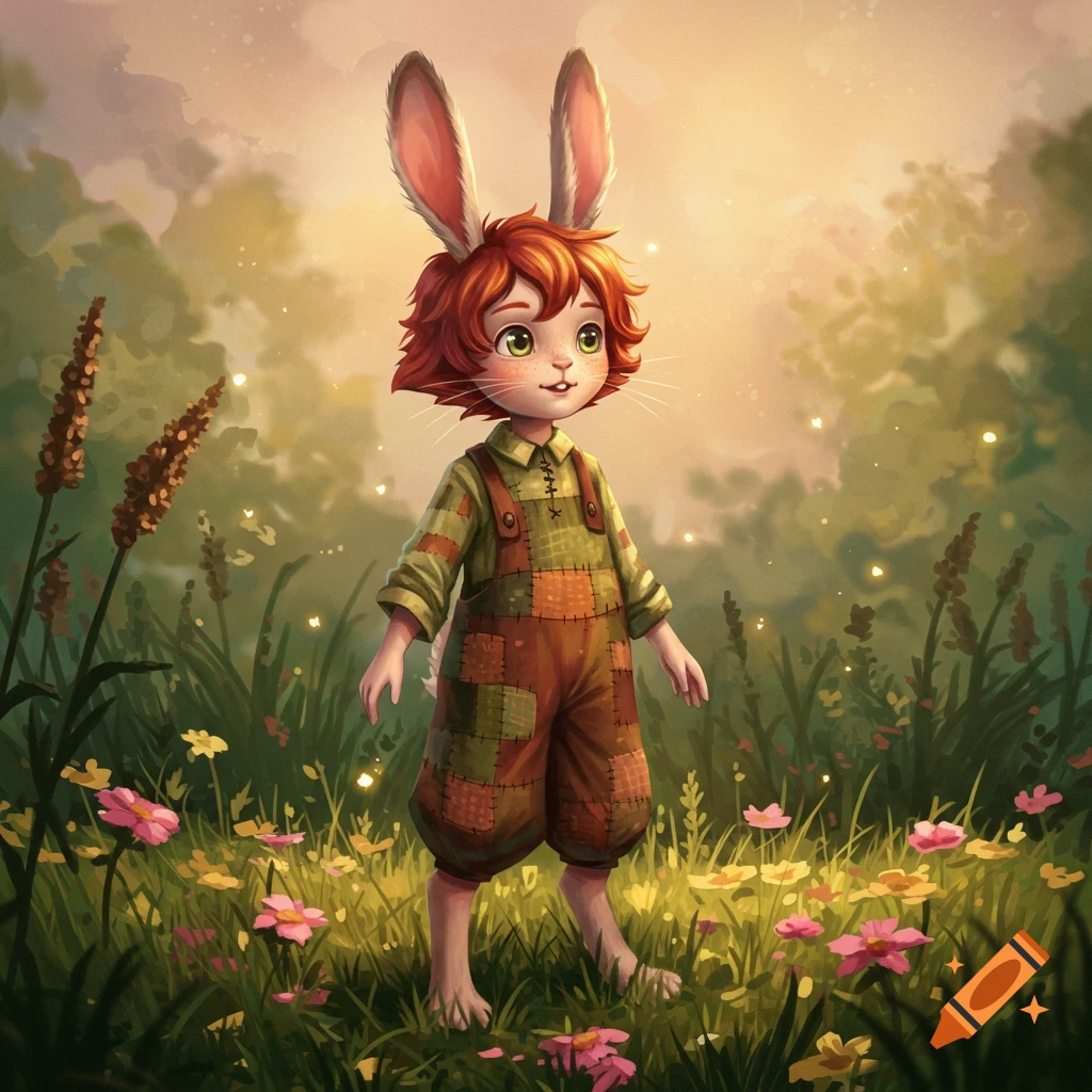 A whimsical illustration of a red-haired bunny boy in patched overalls standing barefoot in a sunlit field with flowers.