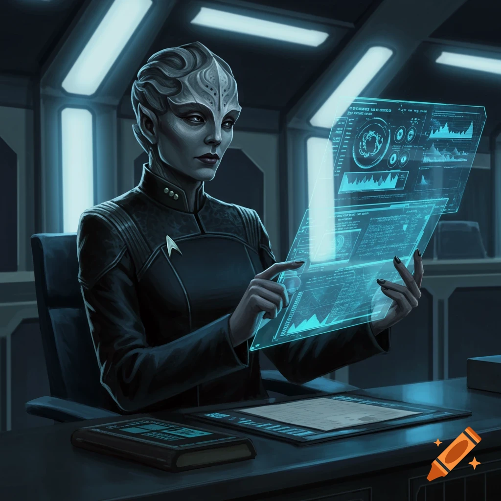 A grey-skinned female alien in a dark uniform sits at a desk, interacting with glowing blue holographic screens in a futuristic room.