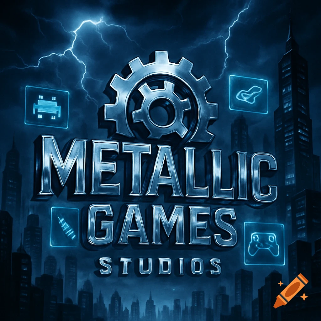 Metallic Games Studios logo featuring silver metallic text, a large gear, neon gaming icons, and a stormy blue cityscape with lightning.