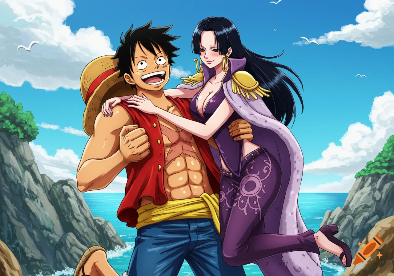 Luffy smiles while lifting a blushing Hancock in an anime illustration by rocky cliffs and the ocean.