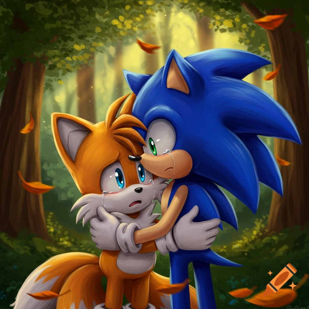 Sonic the Hedgehog comforts a crying Tails with a hug in an autumnal forest.