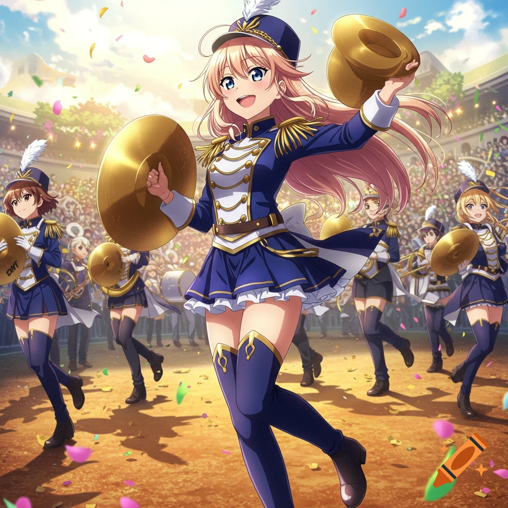 Anime girl in blue marching band uniform playing cymbals, smiling with other band members and confetti in a stadium.