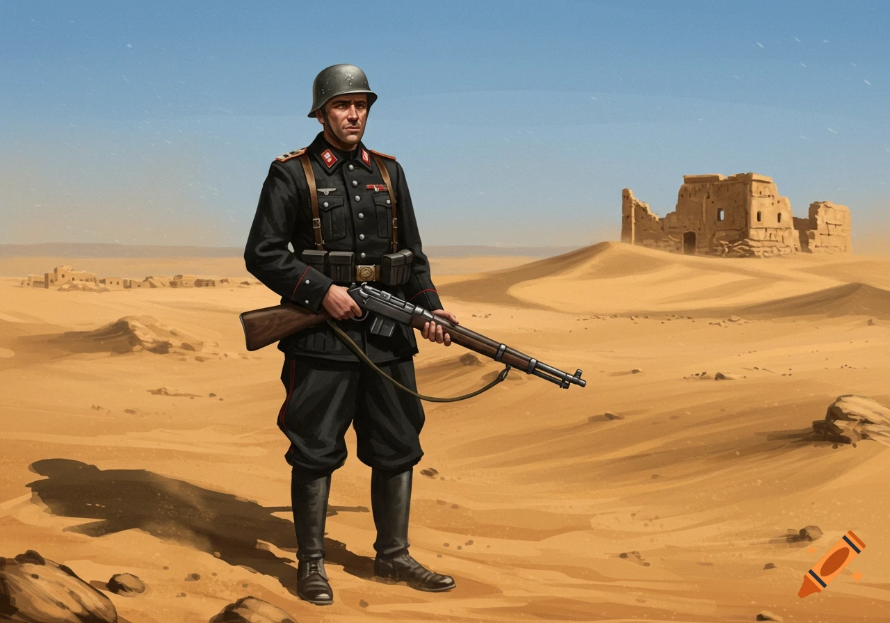 A World War II soldier in a black uniform and helmet stands with a rifle in a desert landscape with ruins.