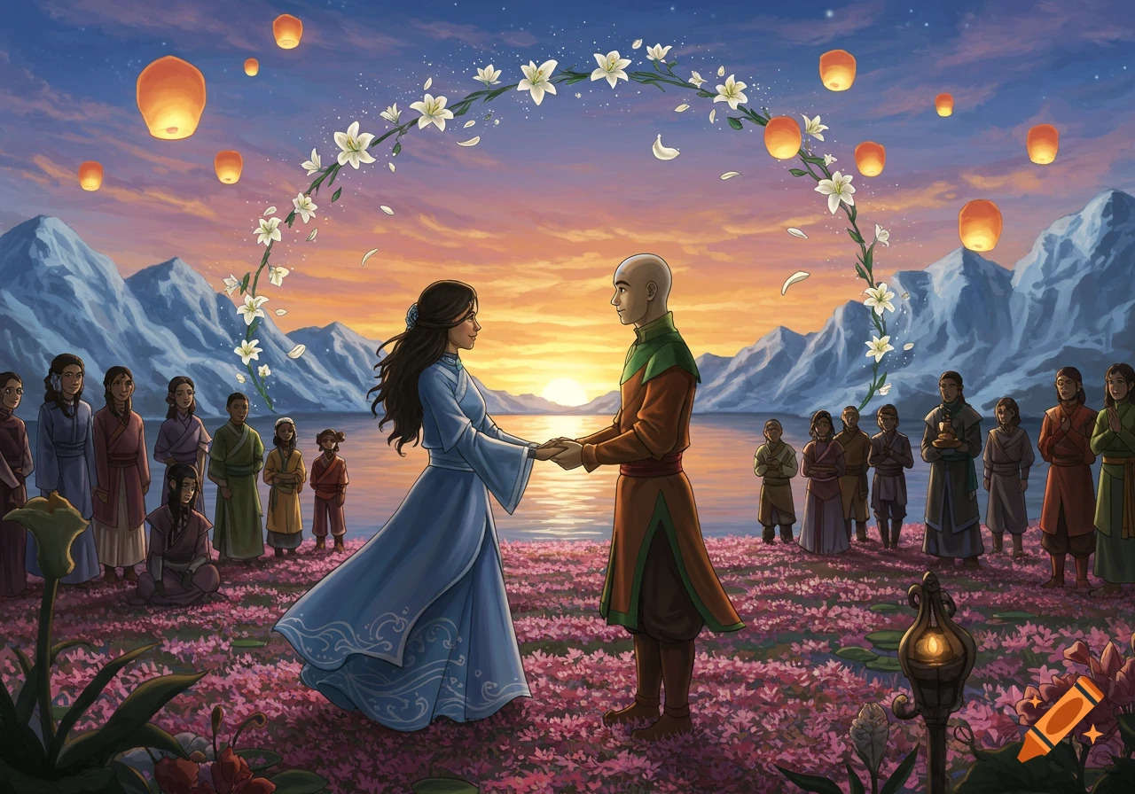Katara and Aang hold hands at their sunset wedding over a lake, surrounded by pink flowers, a lily arch, and floating lanterns in a beautiful digital painting.
