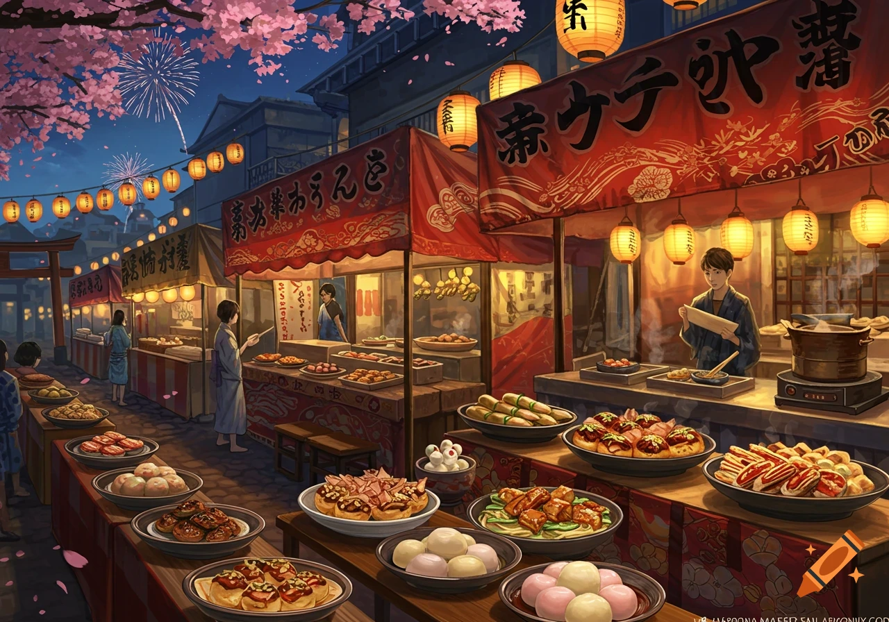 A vibrant illustration of a Japanese night festival with numerous food stalls, people, cherry blossoms, and fireworks in the sky.