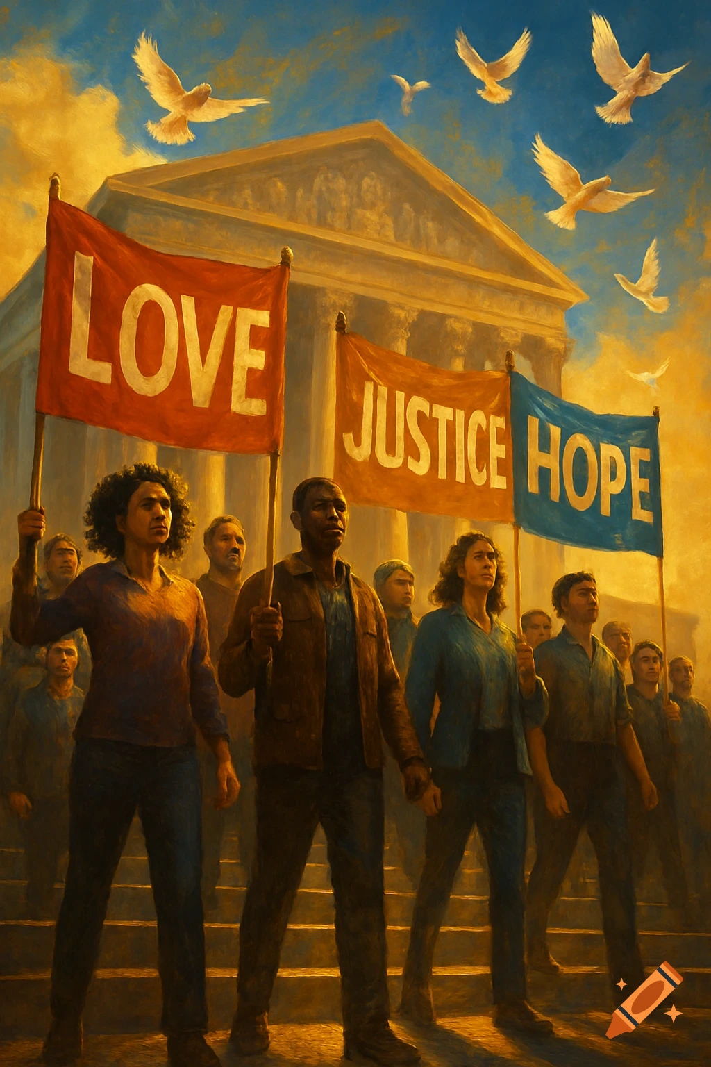 People march holding 'LOVE', 'JUSTICE', and 'HOPE' banners in front of a government building under a sky with doves. Painterly style.