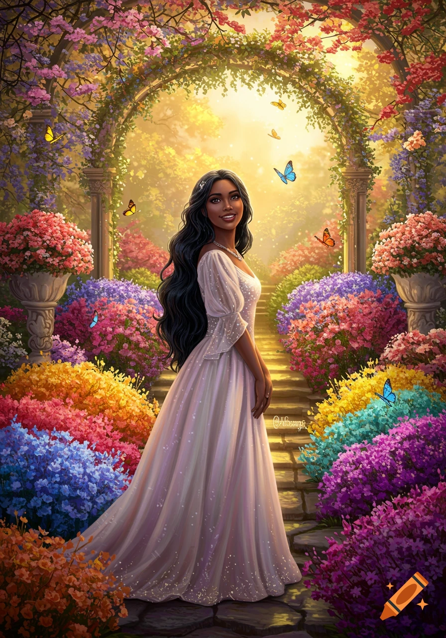 A smiling princess with long dark hair stands in a vibrant, colorful flower garden with butterflies under a sunny archway.