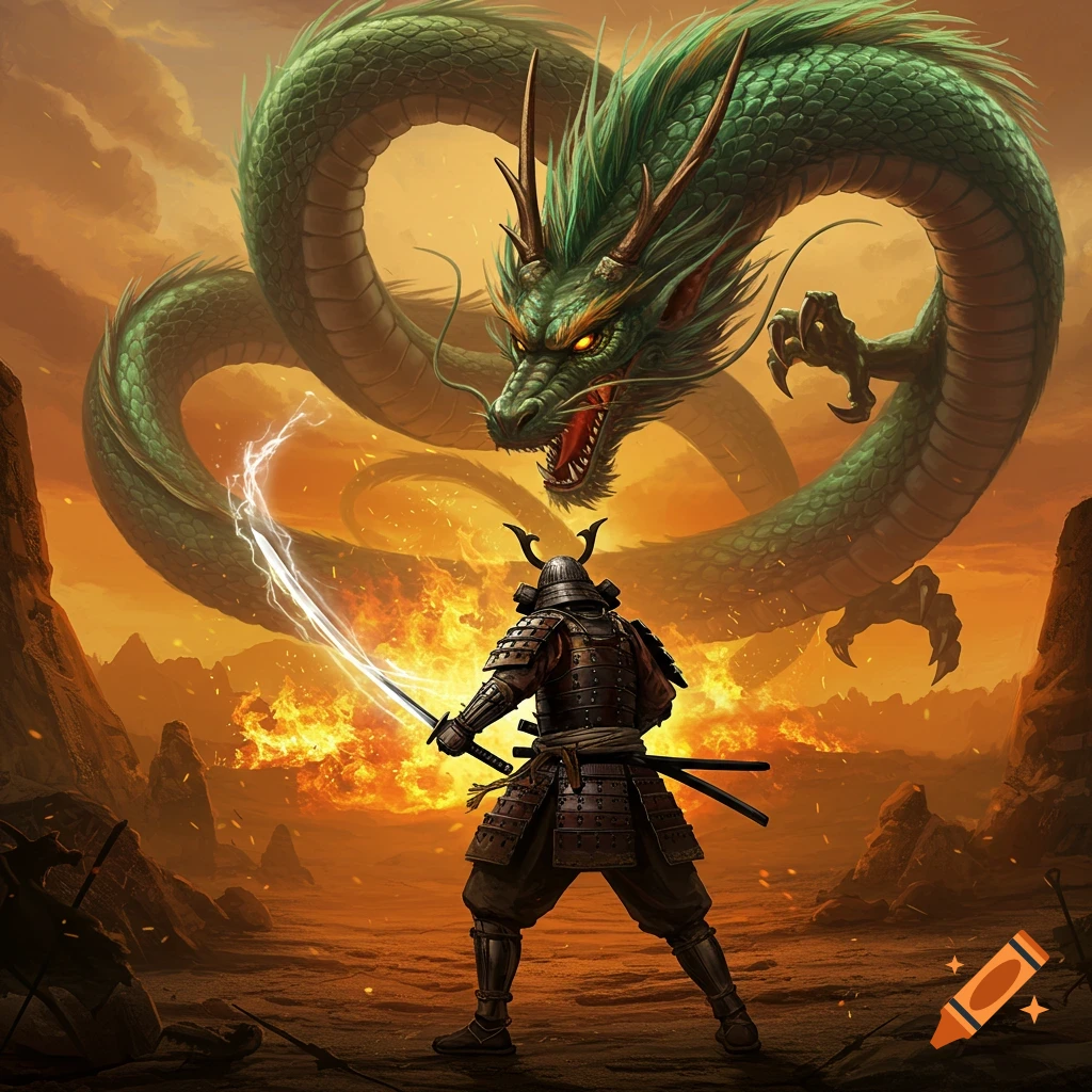 A samurai with an electric sword faces a large green dragon in a fiery, epic fantasy landscape.