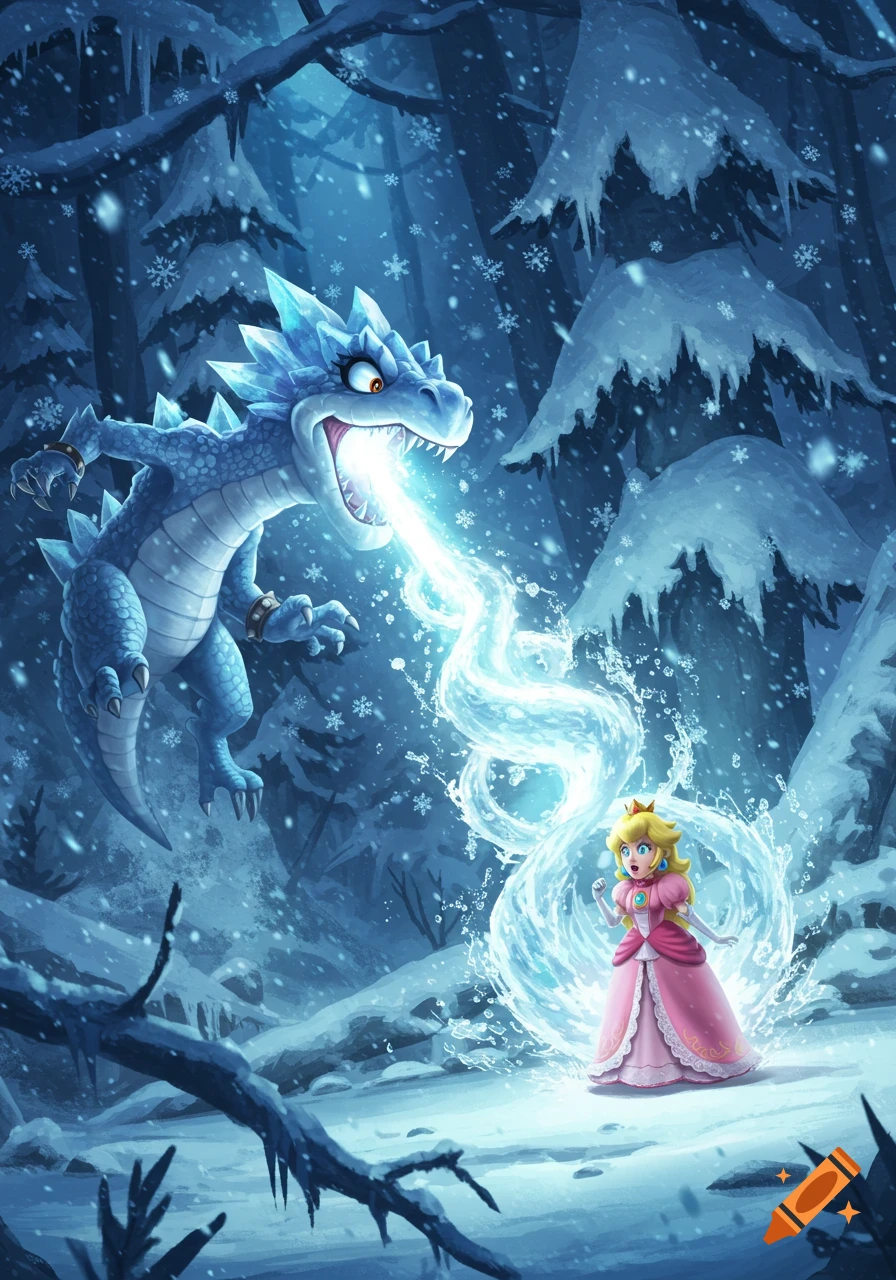 Blizzaurus the ice dragon fires an ice beam at Princess Peach, who is shielded by ice, in a snowy forest illustration.