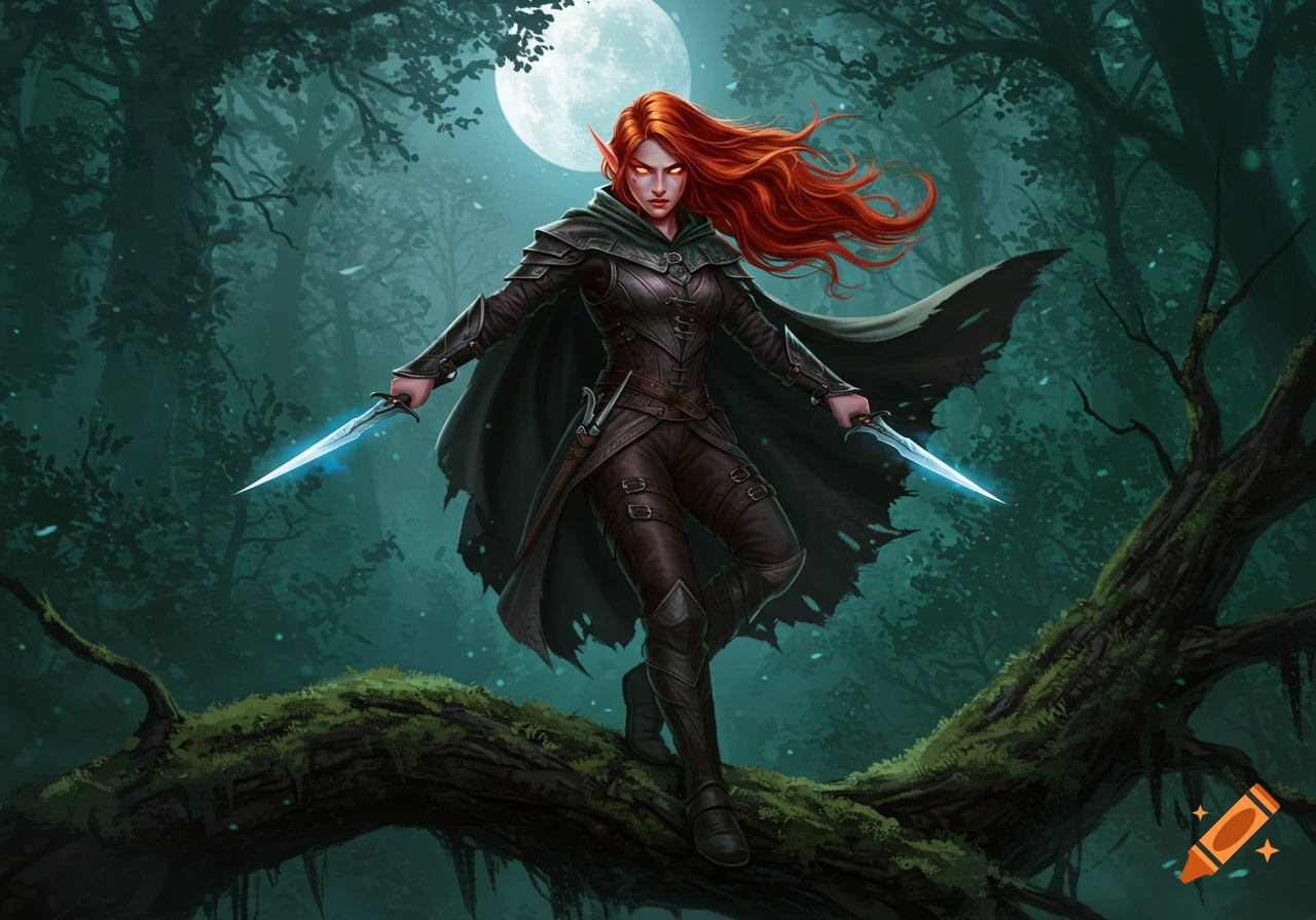 Red-haired female elf rogue in dark armor holding glowing daggers, standing on a mossy branch under a full moon in a mystical forest.