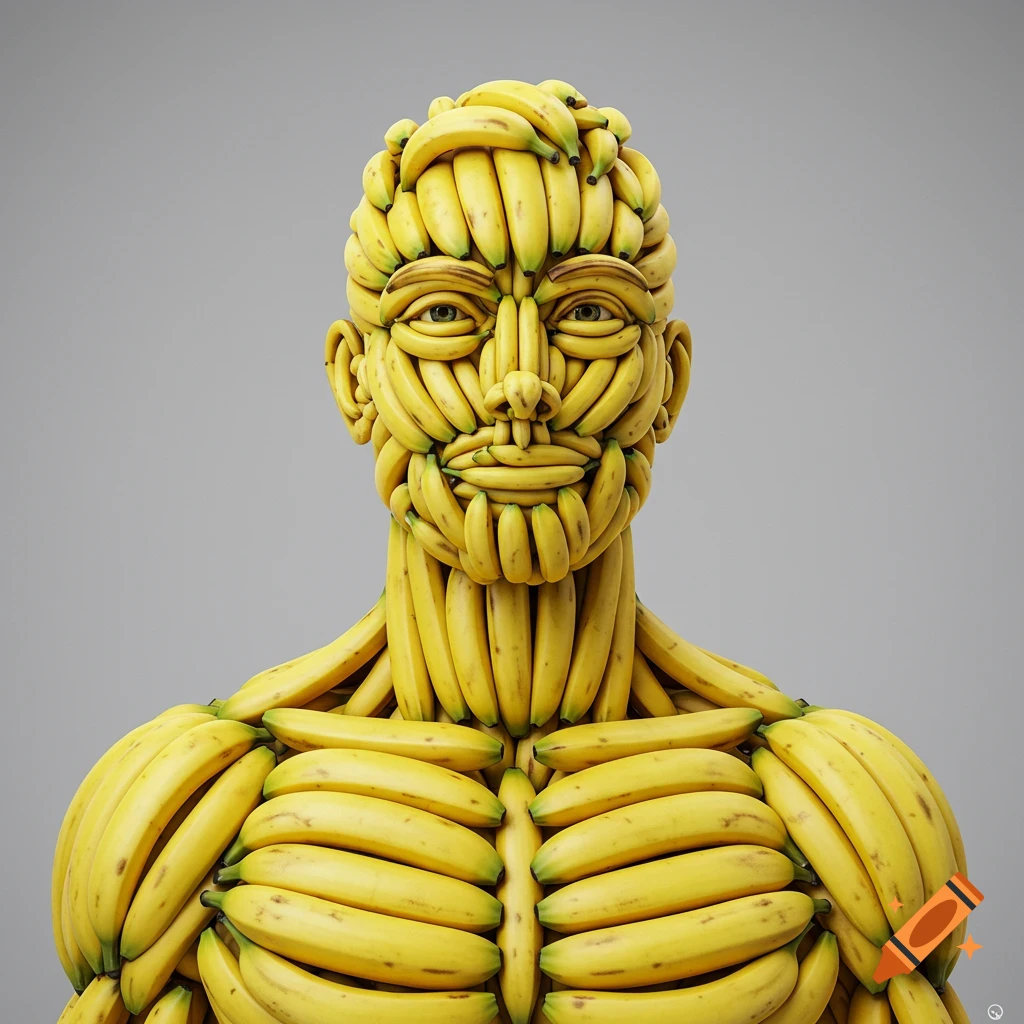 A photorealistic bust of a man made entirely of yellow bananas against a grey background.