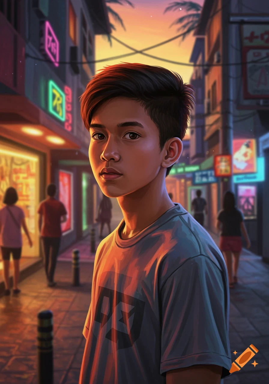 A stylized digital art portrait of a teenage boy with dark hair standing on a vibrant city street at sunset with neon signs.