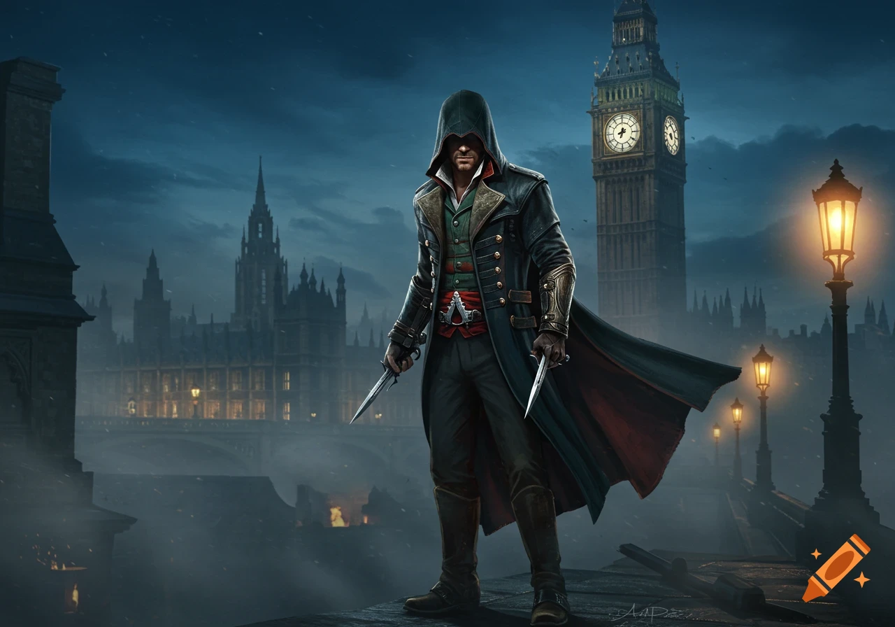 A hooded Assassin's Creed character stands on a rooftop with daggers, Big Ben in the background, in a foggy Victorian London night.