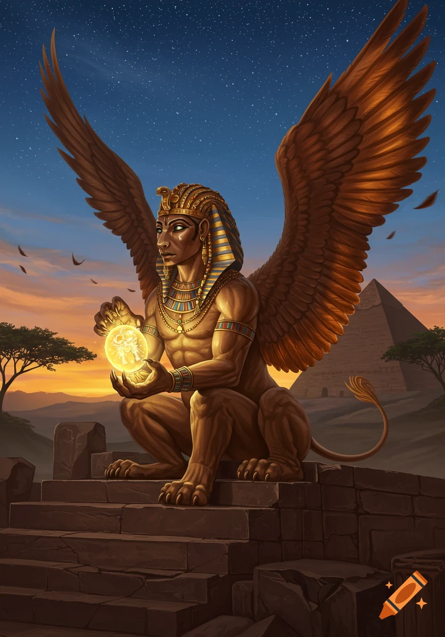 Mythical winged sphinx with a human chest and lion body, adorned in Egyptian regalia, holds a glowing orb on temple steps with pyramids and a sunset sky.