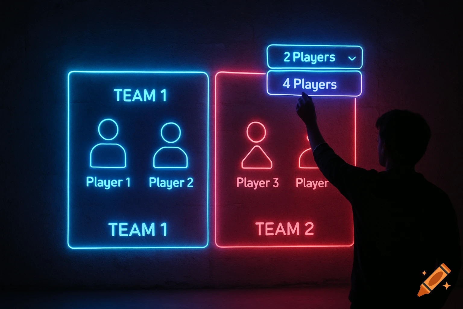 A person selects "4 Players" on a neon-lit game lobby screen projected onto a dark wall, showing Team 1 and Team 2 player slots.