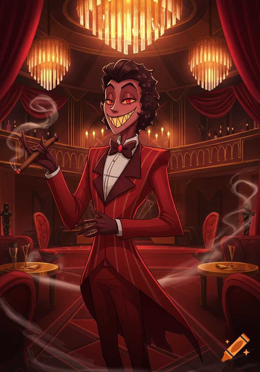 Cartoon demon character Valentino in a red pinstriped suit, with sharp teeth and red eyes, holding a cigar in a luxurious red room.