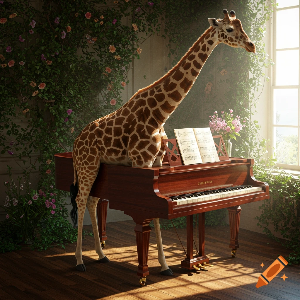 A giraffe stands in a grand piano in a sunlit room with ivy-covered walls.